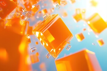 Poster - Floating orange cubes create a vibrant abstract composition in bright sunlight