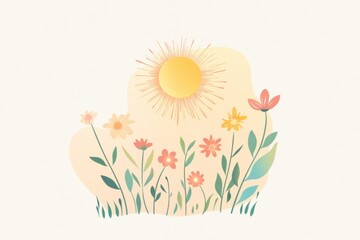 Poster - Stylized sun and blooming flowers design with pastel gradient for a warm and inviting logo concept