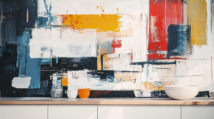 Poster - Abstract painting with vibrant colors above modern kitchen counter