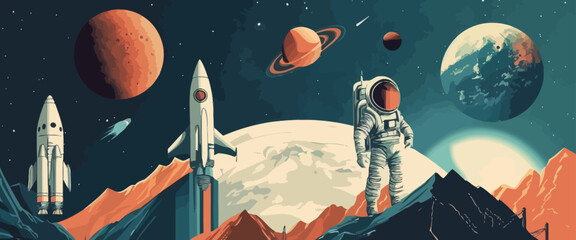 Poster - Futuristic Science Fiction Space Travel Astronaut and Rockets Illustrative Vector Art