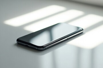Poster - Sleek modern smartphone rests elegantly on a clean white surface with soft diffused lighting highlighting its minimalist design