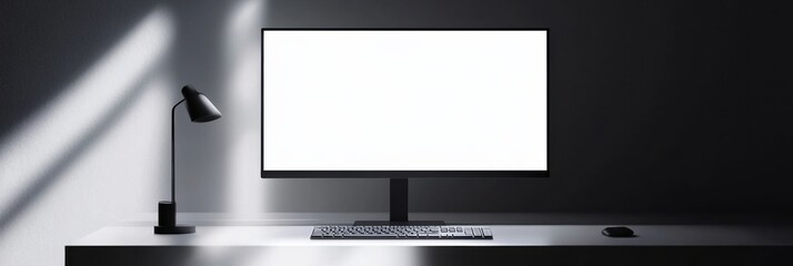 Fototapete - Minimalistic workspace featuring a sleek desktop monitor with a bright white screen and soft shadows for a clean professional look