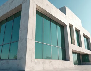 Poster - Modern commercial building exterior, concrete prefabricated panels, large glass windows. Contemporary architectural style, engineered cement cladding. Office business urban environment, innovation