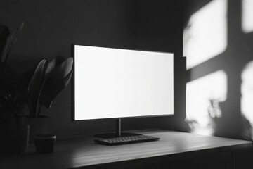 Fototapete - Sleek desktop monitor on minimalistic workspace with bright white screen and soft shadows highlighting a clean professional environment