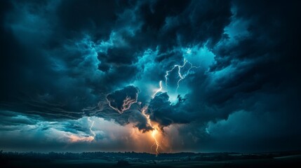 Poster - Dramatic lightning storm over dark, stormy cloudscape and landscape.