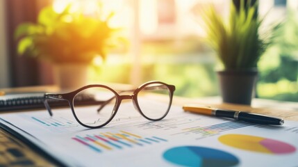 Poster - Eyeglasses rest on financial reports and pen on desk near plants.