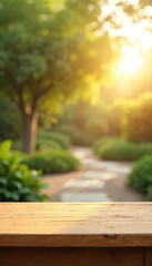Aufkleber - Wooden product placement table with sunny garden background. Empty wood tabletop for display showcase. Peaceful natural scenery, sunlight and green summer vibes. Product mockup, display background.
