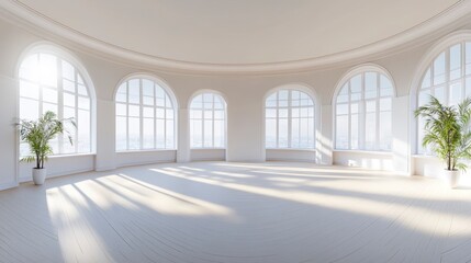 Poster - Sunlit circular room with arched windows, hardwood floor, and potted plants.
