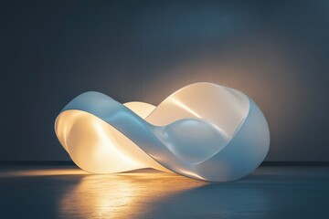 Poster - Modern sculpture with soft curves illuminated in a dark space at an art exhibition