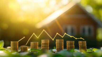 Fototapete - Rising and falling gold coin stacks graph with house background.