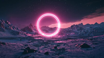Poster - Cosmic Landscape Featuring a Round Portal With Neon Lights Generative AI