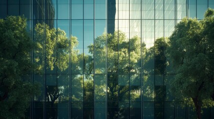 Poster - Modern glass building reflecting lush green trees, showcasing sustainable architecture and urban nature.