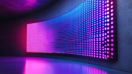 Leinwandbilder - Curved LED screen displaying vibrant pink and blue lights in a dark, modern setting.