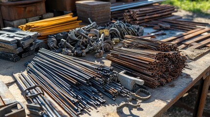 Poster - Construction materials arranged on a table including rebar, concrete samples, and steel angles