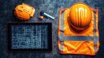 Poster - Construction worker vest and helmet next to digital blueprints on a rugged tablet