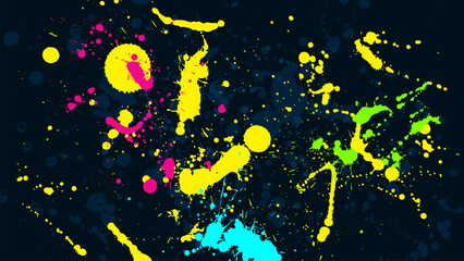 Poster - dark grunge background splashed with multicolored reflective paint.