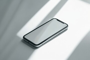 Poster - Sleek modern smartphone resting on clean white surface with soft diffused lighting in minimalist technology setting