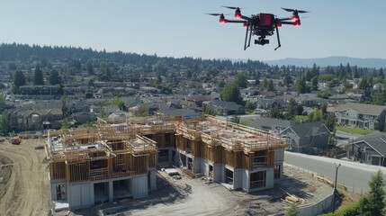 Poster - Drones flying above active construction zone capturing real-time site data