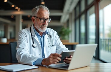 Poster - Mature doctor seated at desk using tablet, laptop, accessing medical records. Modern workspace, tech use in pro healthcare setting. Medical pro, expert, consult with patient online.