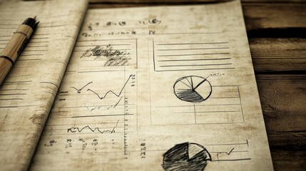 Poster - Infographic design draft with sketched stats and pie charts on paper