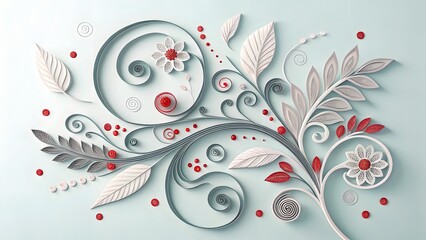 Poster - An elegant paper filigree floral arrangement, a delicate dance of swirling leaves and blossoms in soft white, gray, and red against a tranquil blue backdrop.