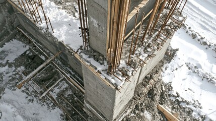 Poster - Reinforced concrete columns in progress with visible rebar and temporary wooden supports
