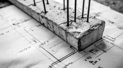 Poster - Reinforced concrete column details with stirrups and vertical bars labeled in blueprint
