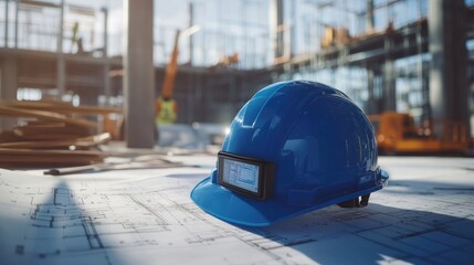 Poster - Smart construction helmet with HUD and GPS module placed on blueprint