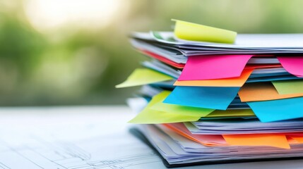 Poster - Stack of construction drawings with post-it notes and tags for revision