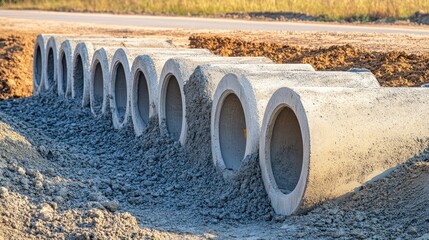 Poster - Stormwater drain under installation with large precast sections aligned in trench