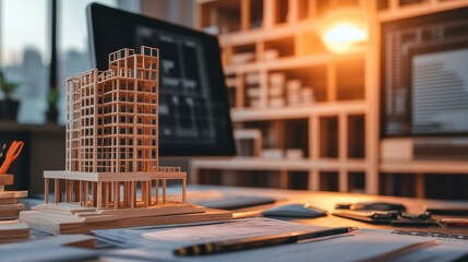 Poster - Structural engineer's workstation with models, graphs, and technical books in the background