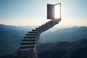 Poster - Surreal stone staircase leading to a glowing door floating above mountain landscape under clear sky with soft morning light in dreamlike background.
