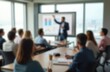 © miss irine - Blurred image of business presentation in modern conference room. Speaker presents data, charts to audience. Learning, teamwork, collaboration, idea sharing in office, corporate event. Modern tech in