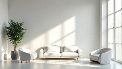 Poster - Minimalist white living room interior design with cozy sofa, chairs, big green plant, sunlight. Modern, clean, bright, airy, comfortable home decor. Stylish design featuring window light, floor