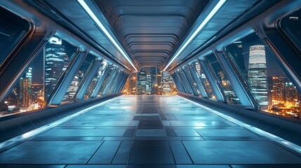 Poster - Futuristic glass corridor overlooking a vibrant city at night.