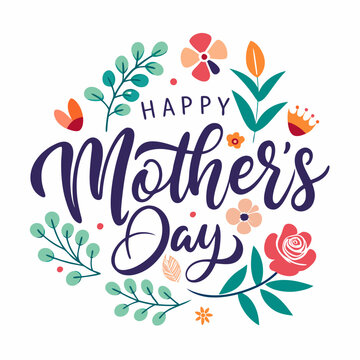 Happy mothers day calligraphy, floral text on white background