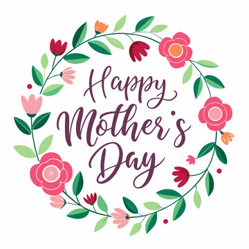 Happy mothers day calligraphy, floral text on white background