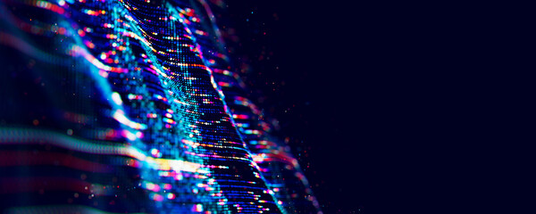 Poster - Abstract Big data digital stream waves. Information flow concept. LLM learning process, AI technology. Quantum computing. 
