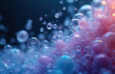 Aufkleber - Abstract image shows air bubbles underwater. Colorful background includes bubbles of different sizes. Blue, purple colors blend into mesmerizing scene. Suitable for science, tech, design projects,