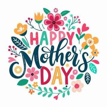 Happy mothers day calligraphy, floral text on white background