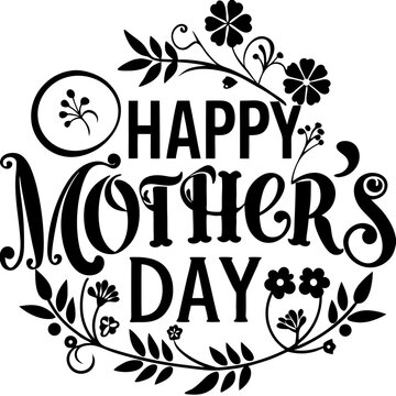 Happy mothers day calligraphy, floral text on white background