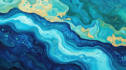 Poster - Abstract painting of swirling blue and green hues, resembling water or a landscape.