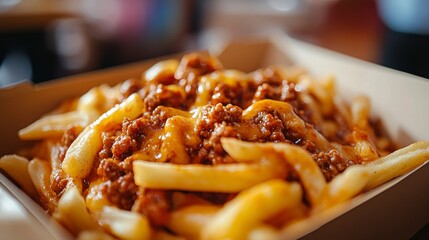 Aufkleber - Close-up of cheesy chili fries in a cardboard box.