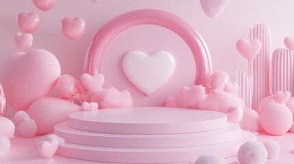 Poster - Pink heart-shaped balloons and podium.
