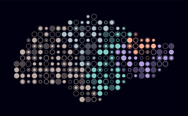 Poster - Singapore, shape of the country built of colored cells. Digital style map of Singapore on dark background. Large size circle blocks. Awesome vector illustration.