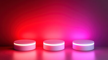 Poster - Three illuminated cylindrical platforms against a red and pink gradient background.