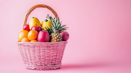 Poster - Pink wicker basket overflowing with vibrant assorted fruits against a pink background.