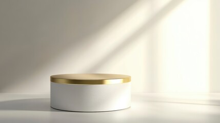 Poster - Minimalist white and gold cylindrical podium in sunlight.