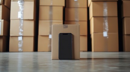 Poster - Smartphone rests on a cardboard box in a warehouse filled with stacked boxes.
