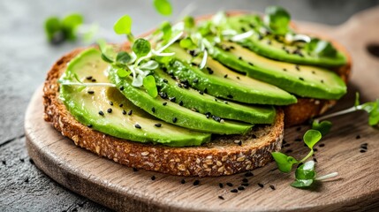 Poster - Two slices of whole-wheat toast topped with avocado, microgreens, and black sesame seeds.